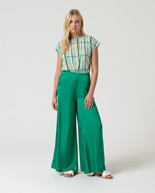 Pantalone gamba larga in raso verde - Surkana -