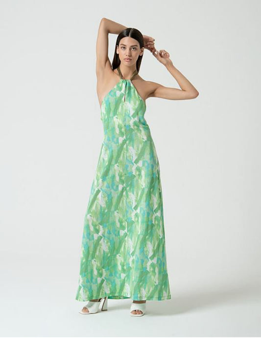 Abito lungo verde in Jersey scollo all’americana - Surkana -