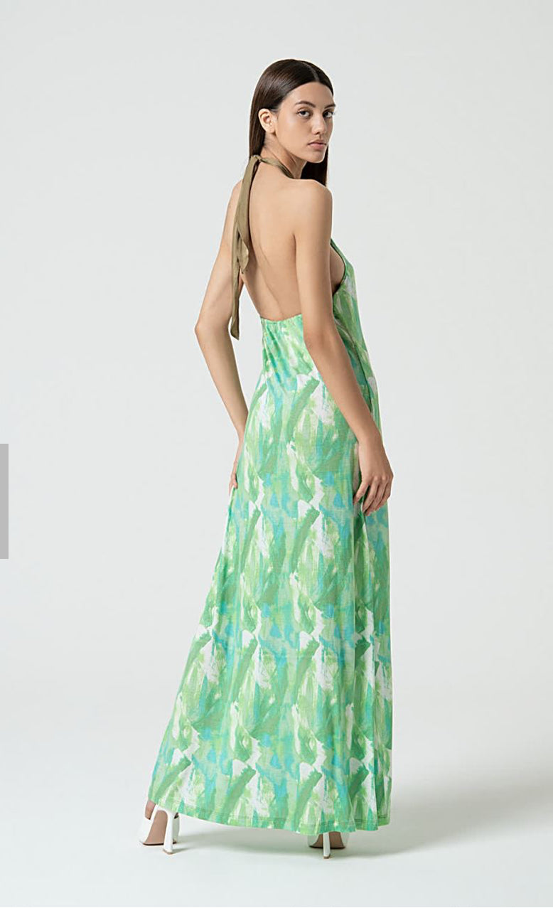 Abito lungo verde in Jersey scollo all’americana - Surkana -