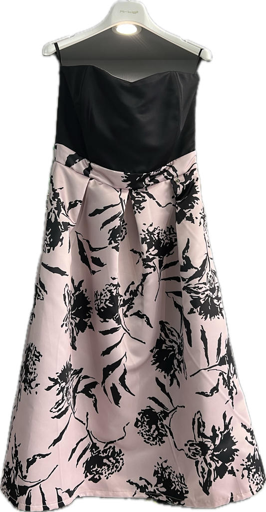 Vestito in raso Artigli con corpetto nero e gonna fantasia - Made in Italy - Ecò dettagli di moda