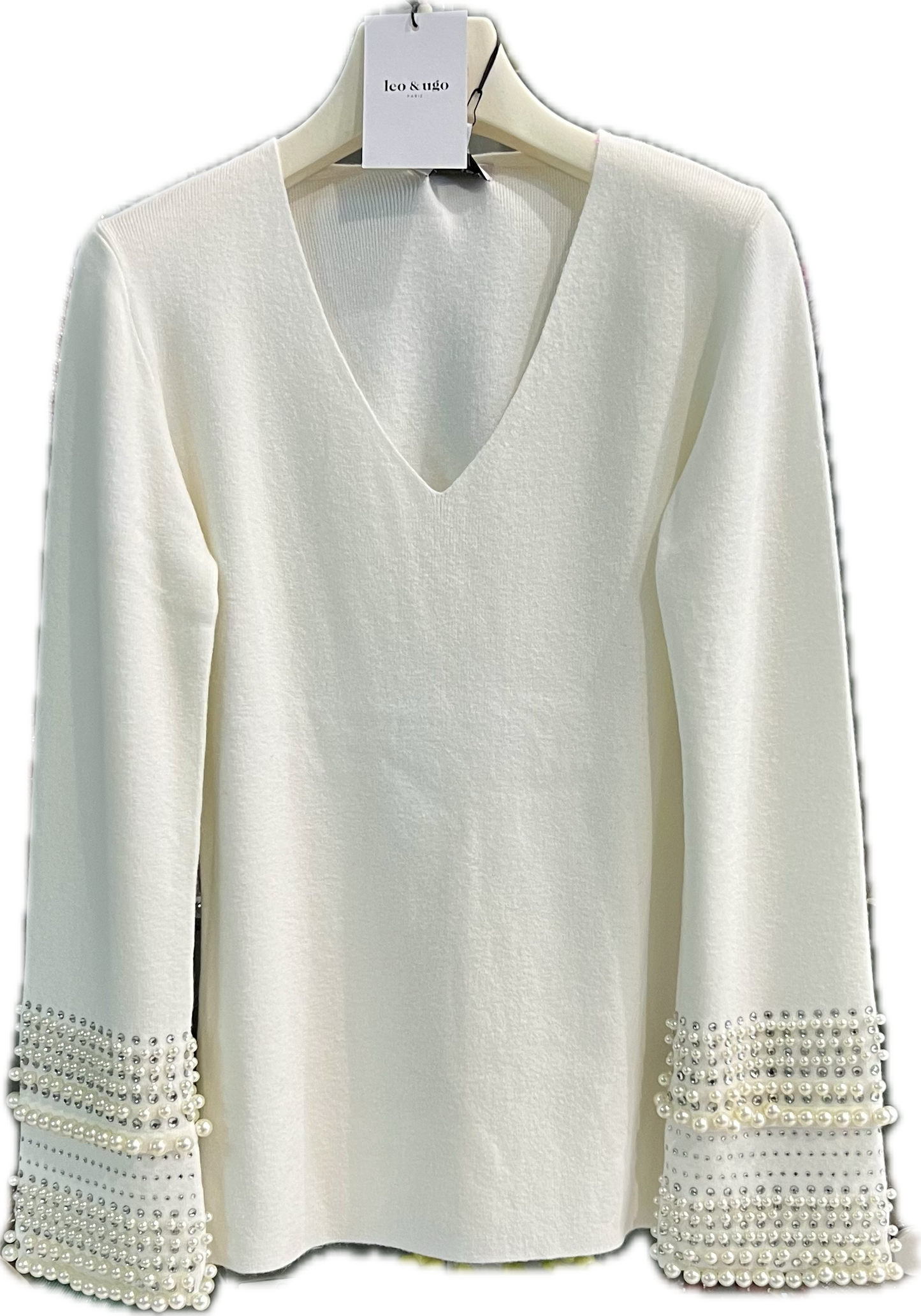 Maglia in viscosa panna scollo a V e polsi preziosi con perle - leo & ugo - Made in France - Ecò dettagli di moda