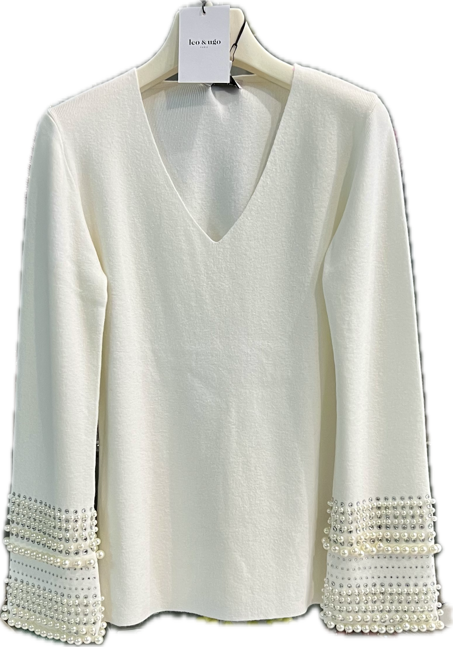 Maglia in viscosa panna scollo a V e polsi preziosi con perle - leo & ugo - Made in France - Ecò dettagli di moda